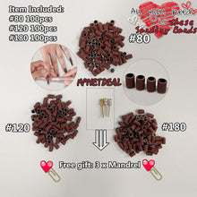 Load image into Gallery viewer, MPNETDEAL 300pcs Sanding Bands for Acrylic Nails | Grit 80 120 180 for Efile nail drill bits | with 3 mandrel