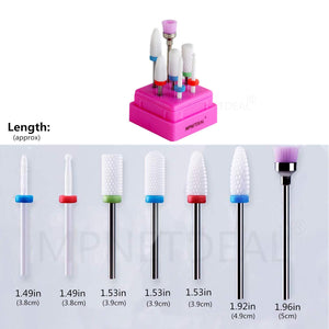 MPNETDEAL Ceramic Nail Drill Bits Set 7Pcs, Durable Less Dust, 3/32 inch for Acrylic Gel Nails Cuticle Manicure, Professional Acrylic Nail File Drill Bit
