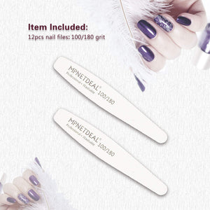 12 Pack Professional Nail Files Washable Emery Board Buffer 100/180 Mixed Grit for Acrylic Nails