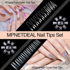 MPNETDEAL 1000pcs False Nails Extension Tips Half Cover 500pcs Full Cover 500pcs Coffin Shape Acrylic Nail Tips