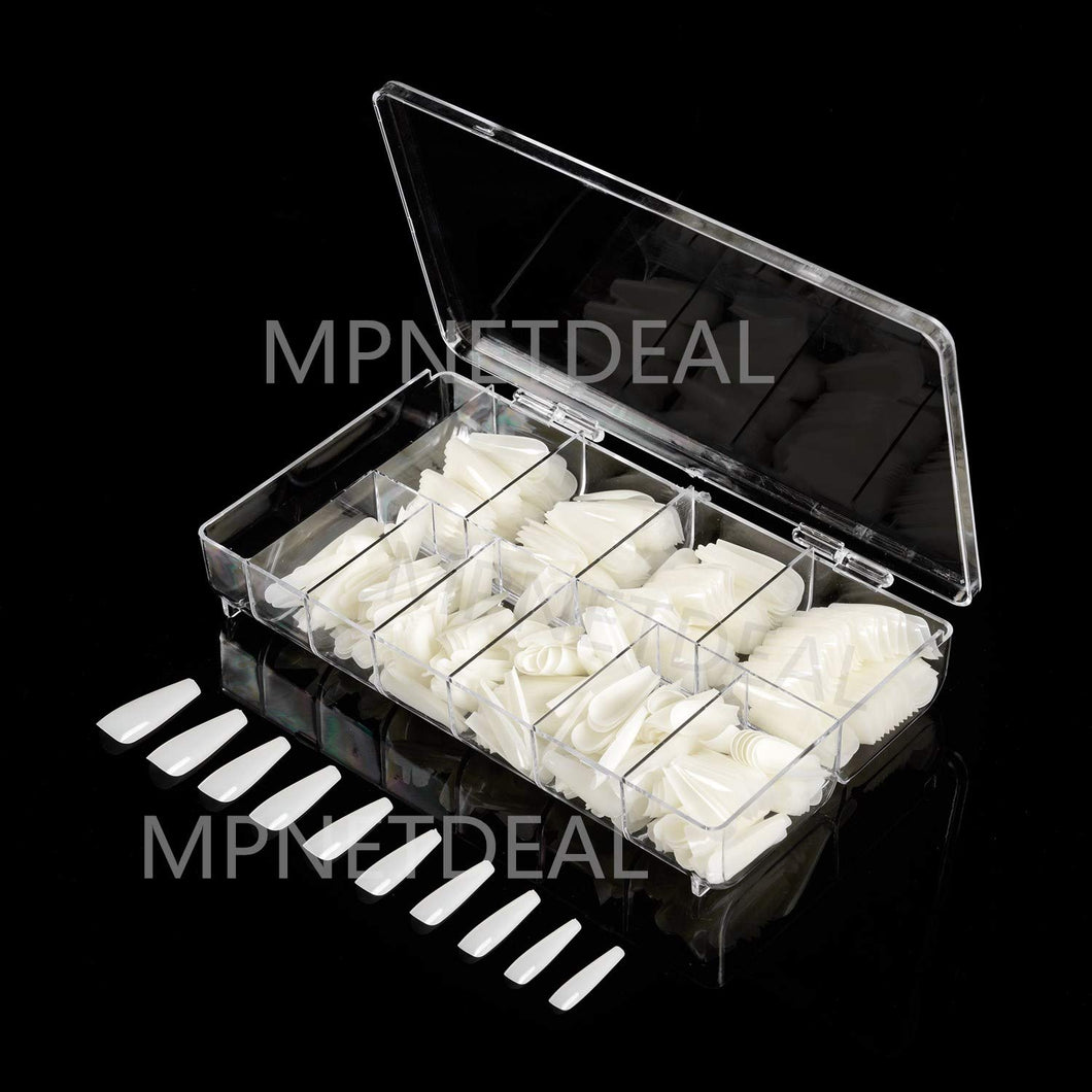MPNETDEAL 500Pcs Coffin Nails Long Ballerina False Nail Tips Full Cover Fake Artificial Acrylic Nails Extension Tips 10 Size with a case for Nail Salon or Home Use DIY Nail Art(Natural)