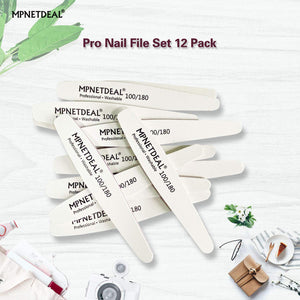 12 Pack Professional Nail Files Washable Emery Board Buffer 100/180 Mixed Grit for Acrylic Nails
