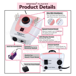 MPNETDEAL Sale-US plug-MPNETDEAL Pro Efile Nail Drill Machine 35,000rpm with LED Digital Display for Acrylic Nails Professional Manicure Drill Remove Nail Gel Polish Extension Gel Gift for Women Home and Salon Use