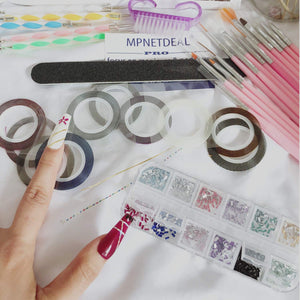 MPNETDEAL Nail Brush Set 3d Nail Art Paiting Polish Design Kit with 5 Dotting Pen 12 Colors Rhinestones 10pcs striping tape 1 dust brush