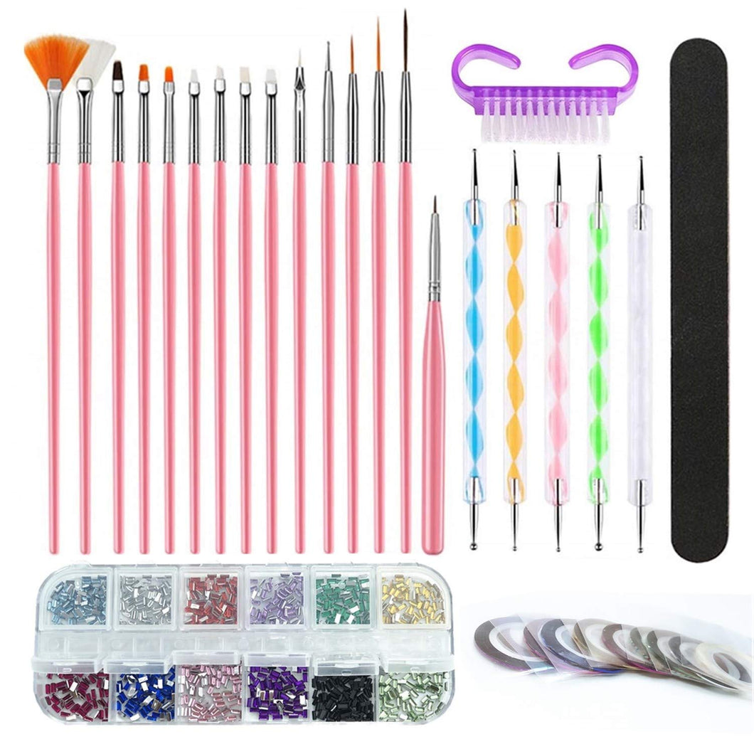 MPNETDEAL Nail Brush Set 3d Nail Art Paiting Polish Design Kit with 5 Dotting Pen 12 Colors Rhinestones 10pcs striping tape 1 dust brush