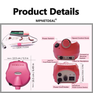 US-Plug-MPNETDEAL Electric Nail Drill Efile Professional Nail Drill machine 30000RPM Tools for Acrylics Nails Natural Nails with Foot Pedal Ideal for Gel Nail At Home use or Nail Salon (Pink)